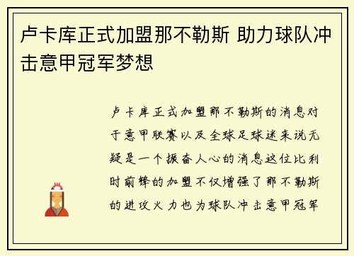 卢卡库正式加盟那不勒斯 助力球队冲击意甲冠军梦想